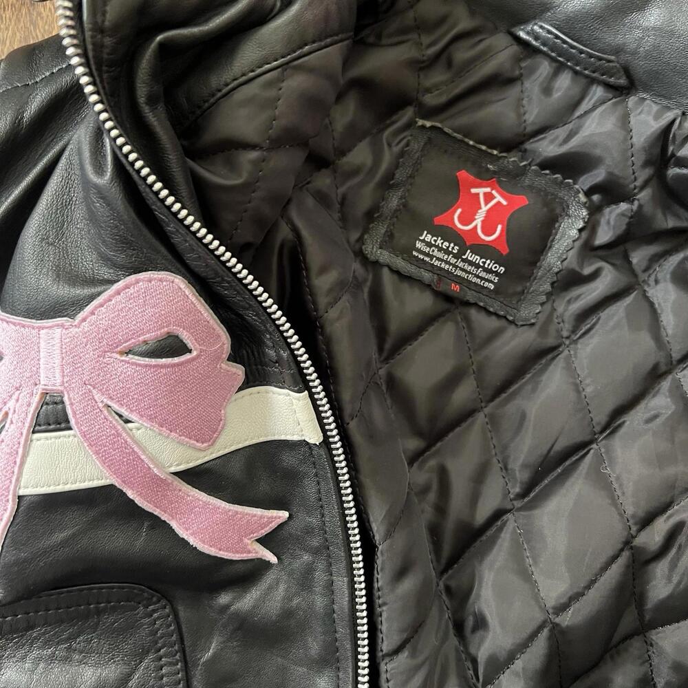 Jackets Junction Real Leather Bomber Jacket M Black Pink Bow Coquette Biker - Picture 5 of 9